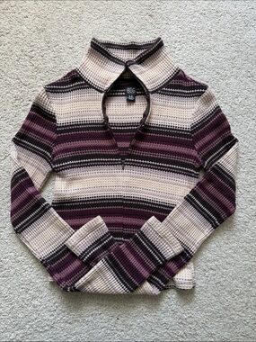 BDG Striped Mock Neck Zip waffle in Cream, Plum, brown and grey